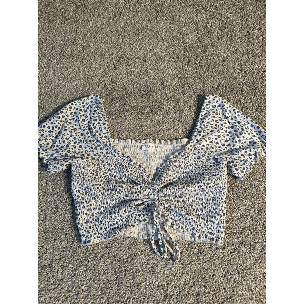 Le Lis Collection Smocked Crop Top Sz S Blue White Cinched Sweetheart Coquette